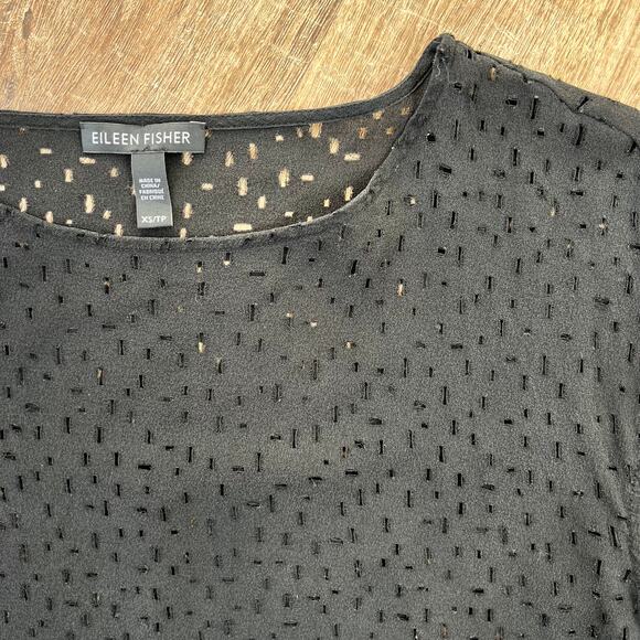 Eileen Fisher Black Confetti Laser Cut Silk Ballet Neck Top - Picture 4 of 4